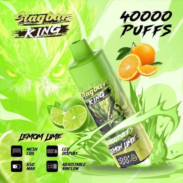 Stag Bar King disposable vape featuring 40,000 puffs capacity, dual mesh coil, and smart LED display screen
