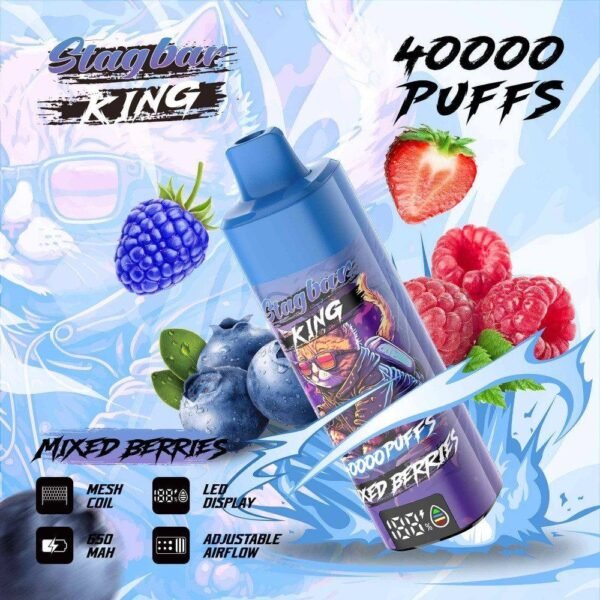 Stag Bar King disposable vape featuring 40,000 puffs capacity, dual mesh coil, and smart LED display screen