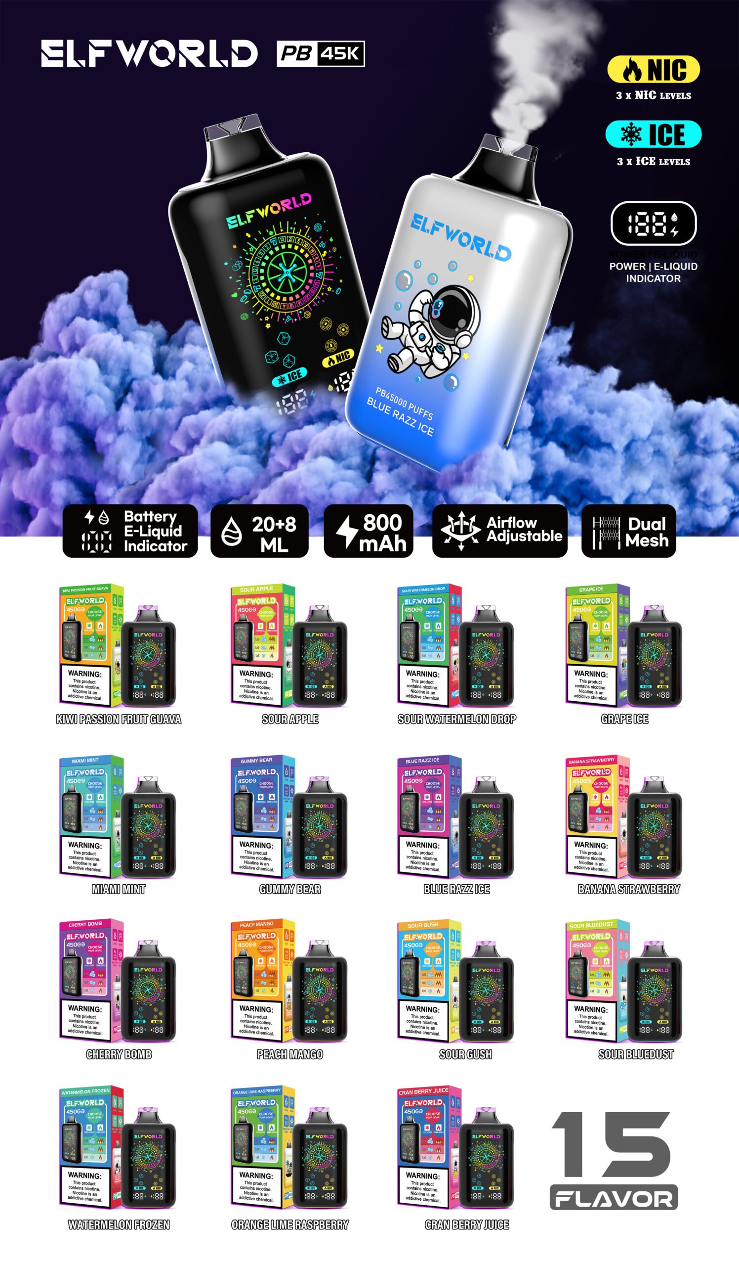 Bulk collection of Elf World 45000 Puffs available in 10 premium flavors