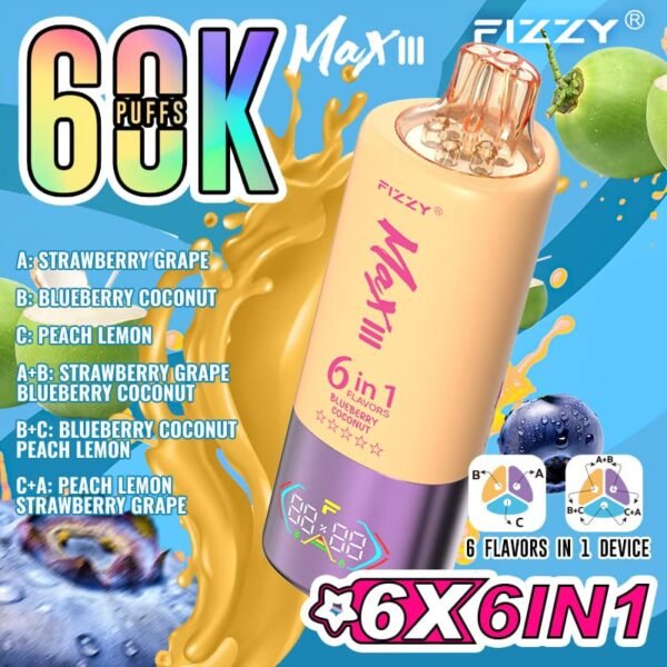 Fizzy Max III disposable vape with 60,000 puffs capacity, featuring a 6-in-1 multi-flavor switching system and smart LED display