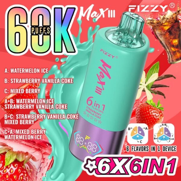 Fizzy Max III disposable vape with 60,000 puffs capacity, featuring a 6-in-1 multi-flavor switching system and smart LED display