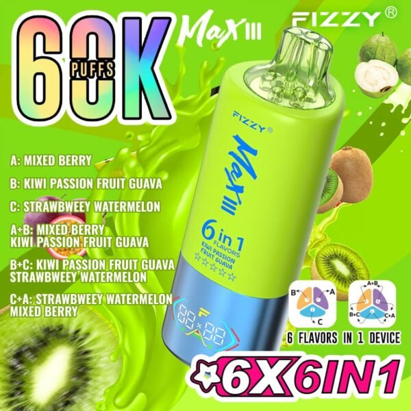 Fizzy Max III disposable vape with 60,000 puffs capacity, featuring a 6-in-1 multi-flavor switching system and smart LED display