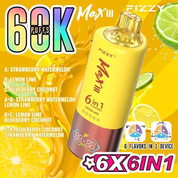 Fizzy Max III disposable vape with 60,000 puffs capacity, featuring a 6-in-1 multi-flavor switching system and smart LED display