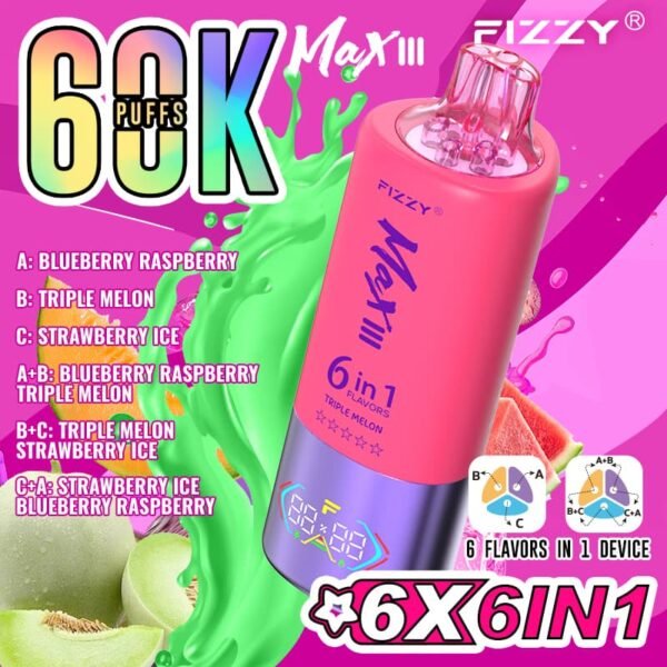 Fizzy Max III disposable vape with 60,000 puffs capacity, featuring a 6-in-1 multi-flavor switching system and smart LED display