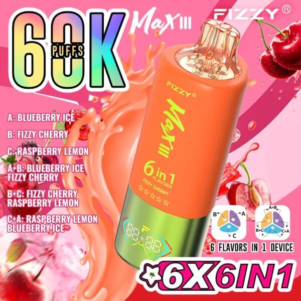 Fizzy Max III disposable vape with 60,000 puffs capacity, featuring a 6-in-1 multi-flavor switching system and smart LED display