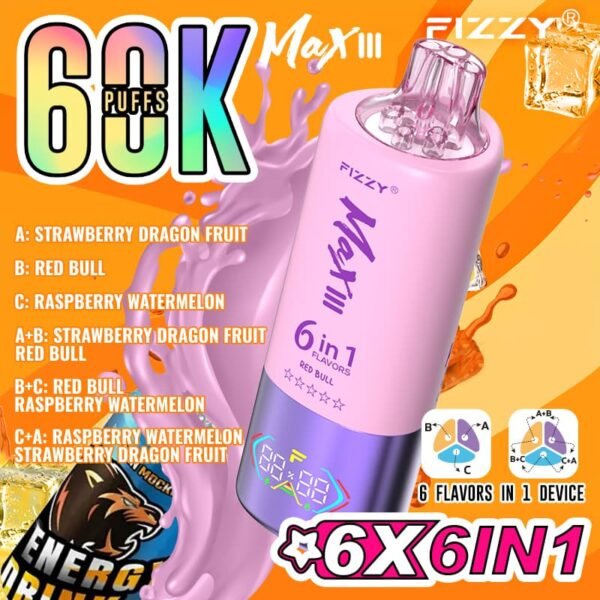 Fizzy Max III disposable vape with 60,000 puffs capacity, featuring a 6-in-1 multi-flavor switching system and smart LED display