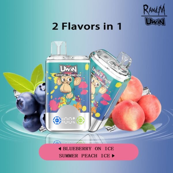 Uwin X RandM Twins Crystal disposable vape with 40,000 puffs, featuring 2-in-1 flavor switching and a premium transparent crystal design