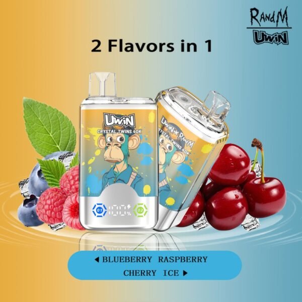 Uwin X RandM Twins Crystal disposable vape with 40,000 puffs, featuring 2-in-1 flavor switching and a premium transparent crystal design