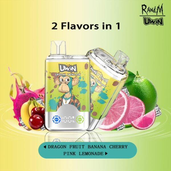 Uwin X RandM Twins Crystal disposable vape with 40,000 puffs, featuring 2-in-1 flavor switching and a premium transparent crystal design