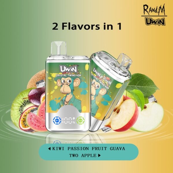 Uwin X RandM Twins Crystal disposable vape with 40,000 puffs, featuring 2-in-1 flavor switching and a premium transparent crystal design