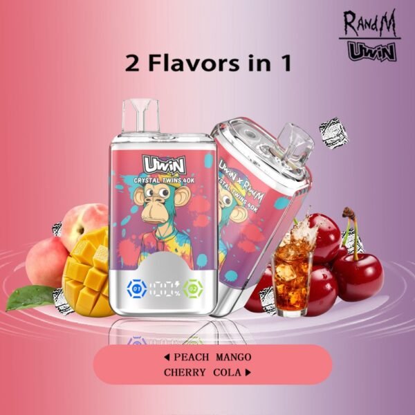Uwin X RandM Twins Crystal disposable vape with 40,000 puffs, featuring 2-in-1 flavor switching and a premium transparent crystal design