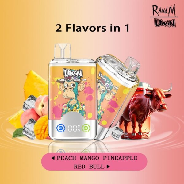 Uwin X RandM Twins Crystal disposable vape with 40,000 puffs, featuring 2-in-1 flavor switching and a premium transparent crystal design