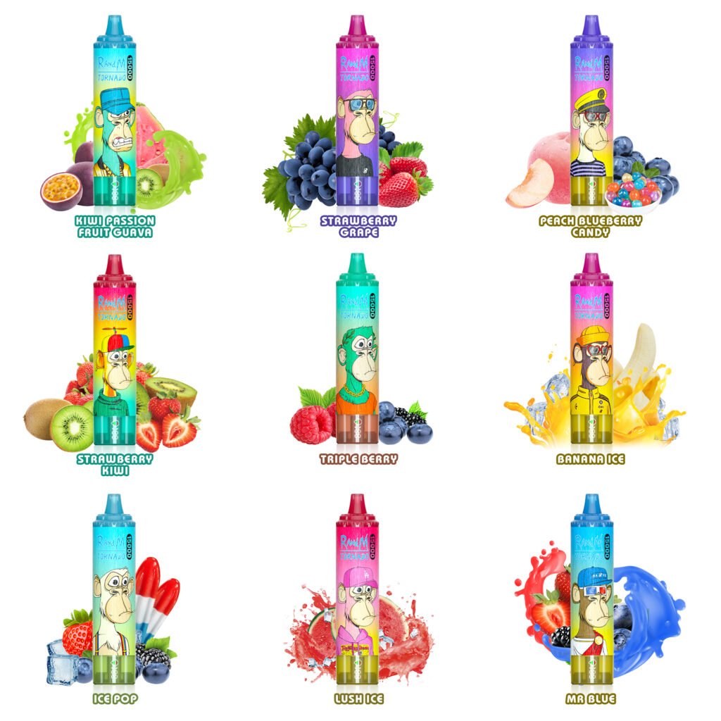 RandM Tornado 15000 Puffs disposable vape flavors collection showcasing Berry Trio and fruit options