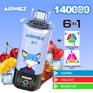 Airmez 6-in-1 Disposable Vape with 140,000 puffs capacity, featuring six flavors in one device and digital display.