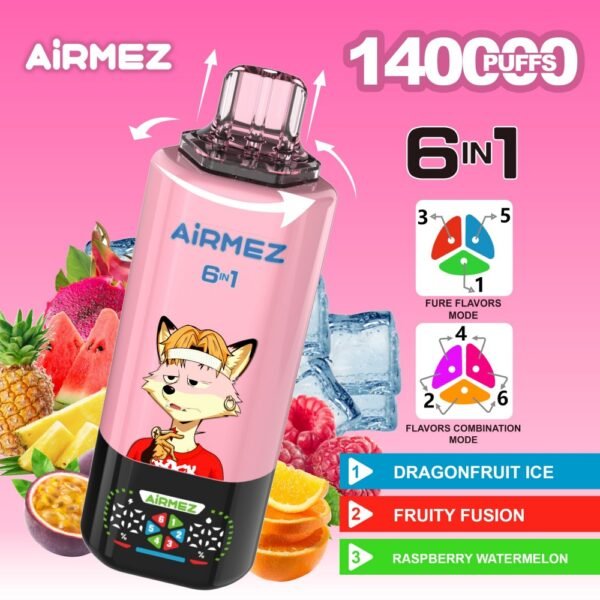 Airmez 6-in-1 Disposable Vape with 140,000 puffs capacity, featuring six flavors in one device and digital display.
