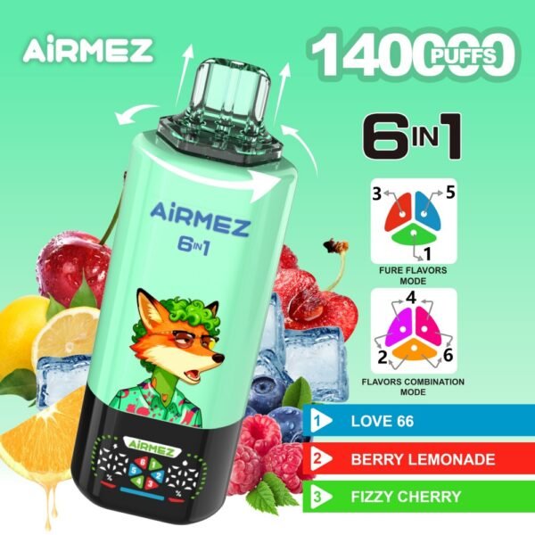 Airmez 6-in-1 Disposable Vape with 140,000 puffs capacity, featuring six flavors in one device and digital display.