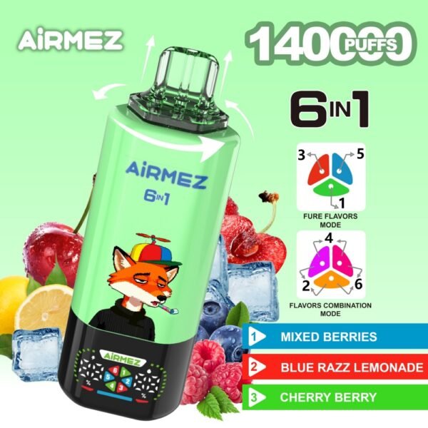 Airmez 6-in-1 Disposable Vape with 140,000 puffs capacity, featuring six flavors in one device and digital display.