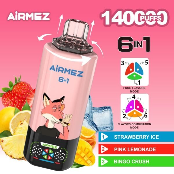 Airmez 6-in-1 Disposable Vape with 140,000 puffs capacity, featuring six flavors in one device and digital display.