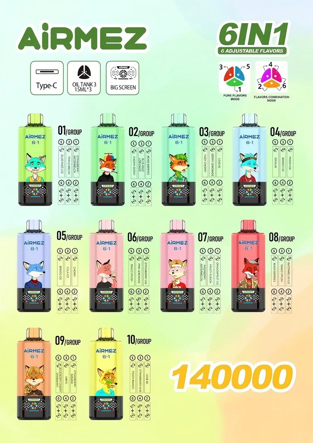 AiRMEZ 140K 6-in-1 Multi-Flavor disposable vape products for wholesale