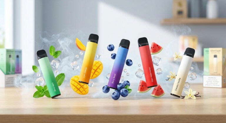 Premium GlimVape disposable vape devices collection with various flavors like mint, mango, and blueberry surrounded by fresh fruits and ice.