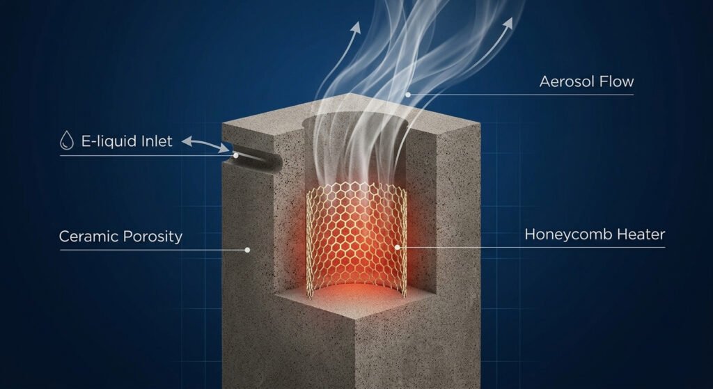 Cross-section diagram of FEELM ceramic coil technology featuring honeycomb heater and aerosol flow for GlimVape disposable vapes