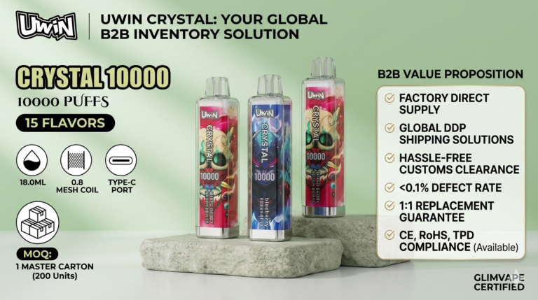 Uwin Crystal 10,000 puffs disposable vape wholesale with real-time smart LED display and dual mesh coil, factory direct, global DDP shipping,