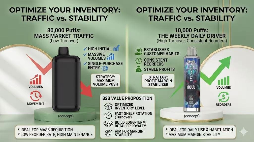 Vape inventory strategy diagram: Uwin Crystal 10,000 puffs vs. bulkier alternatives, highlighting high turnover and consistent reorders.