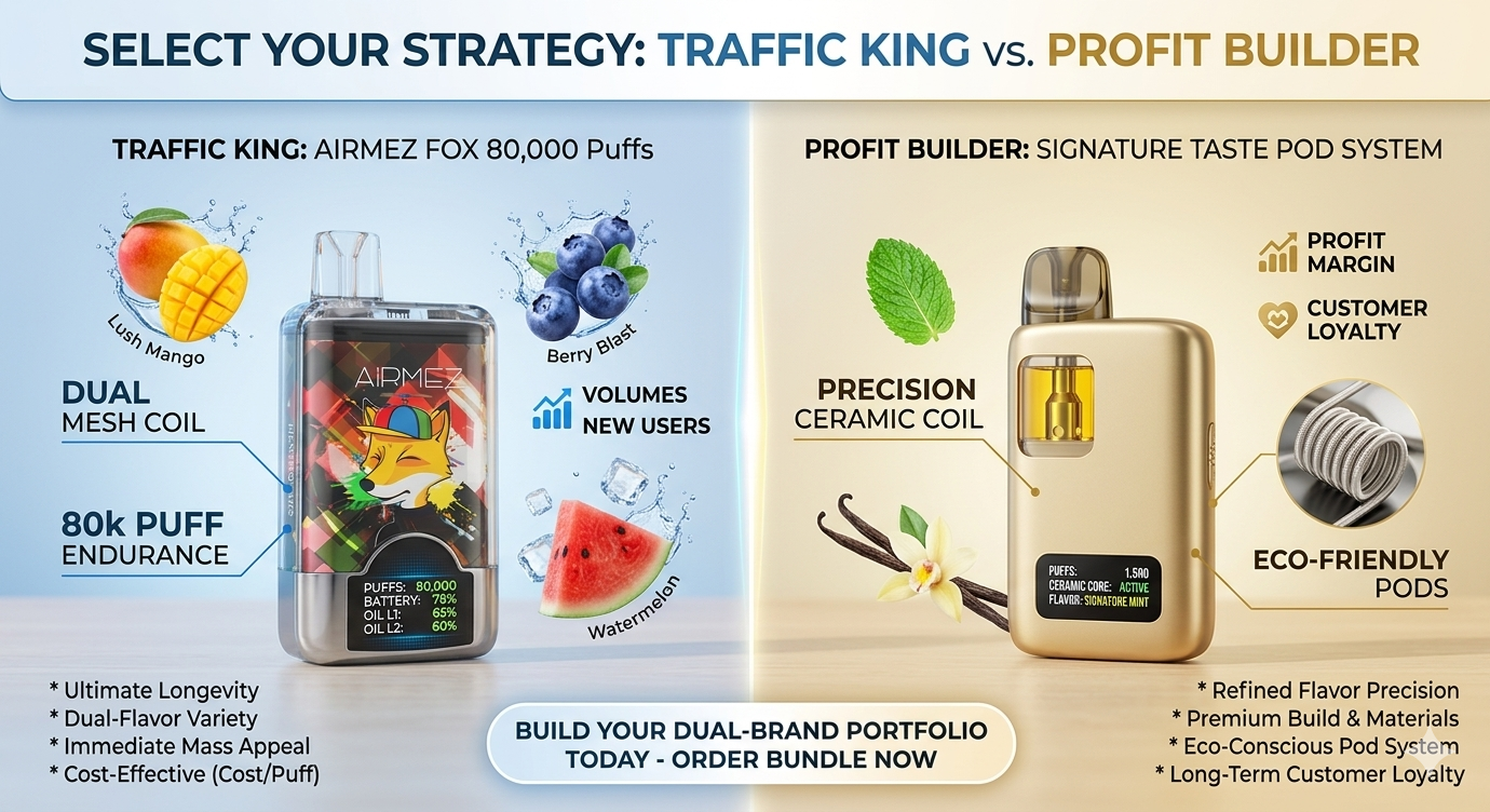 B2B Vape Wholesale Strategy: Comparing Airmez Fox 80k traffic generator with premium ceramic coil pod system for higher profit margins