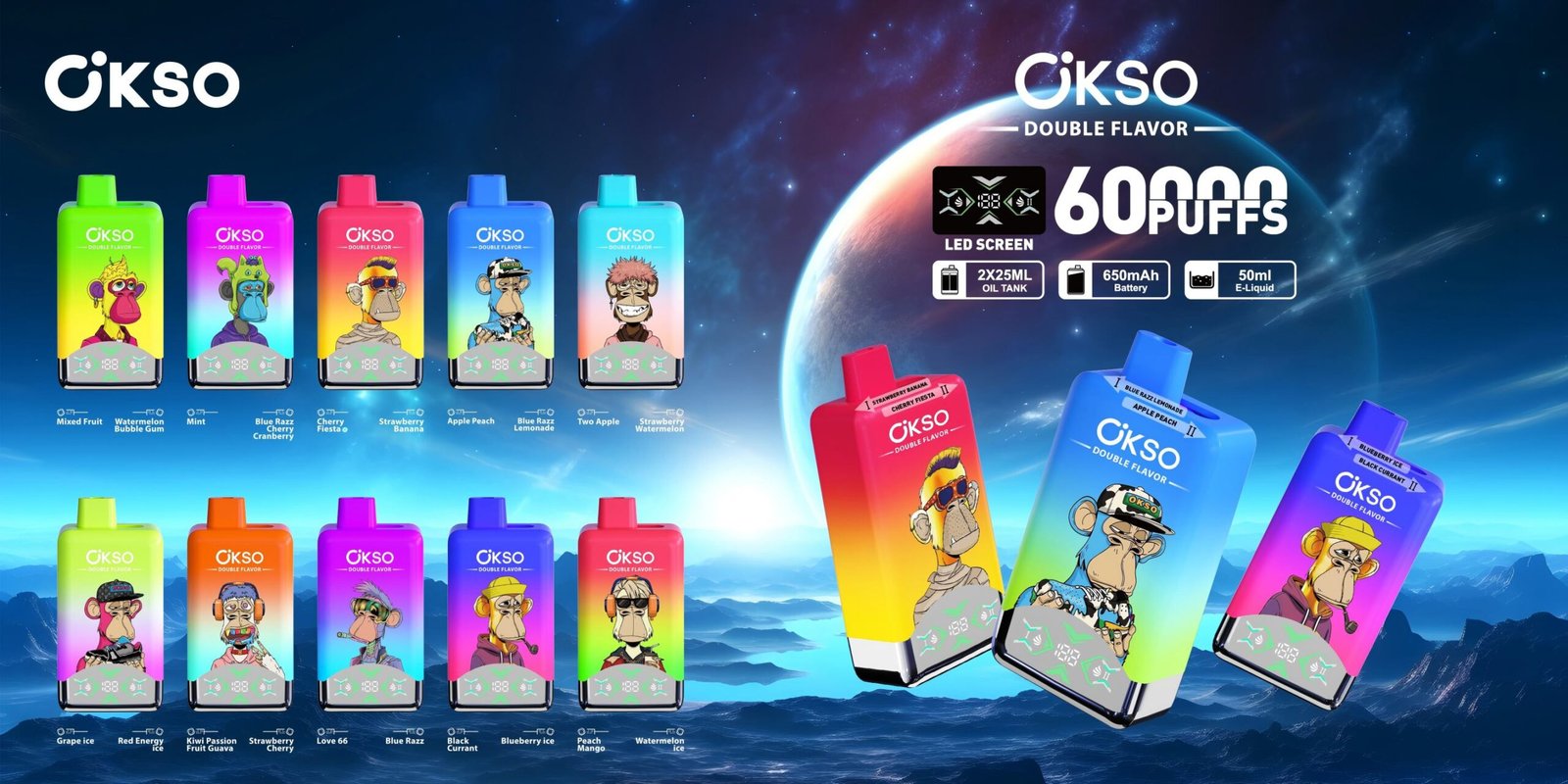 Wholesale OKSO 60000 Puffs Double Flavor full series, including Blue Razz, Strawberry Watermelon, Mint, and more. 2-in-1 switchable disposable vape
