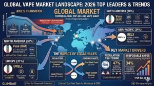 Global Vape Market Landscape 2026 infographic showing market leaders Vuse, UWELL, and RELX. The chart highlights a 18.9% CAGR growth, key market drivers, and the rise of disposable vapes as the fastest-growing segment