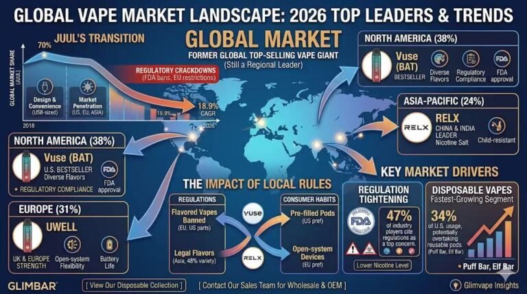 Global Vape Market Landscape 2026 infographic showing market leaders Vuse, UWELL, and RELX. The chart highlights a 18.9% CAGR growth, key market drivers, and the rise of disposable vapes as the fastest-growing segment