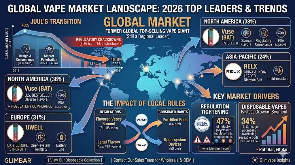 Global Vape Market Landscape 2026 infographic showing market leaders Vuse, UWELL, and RELX. The chart highlights a 18.9% CAGR growth, key market drivers, and the rise of disposable vapes as the fastest-growing segment