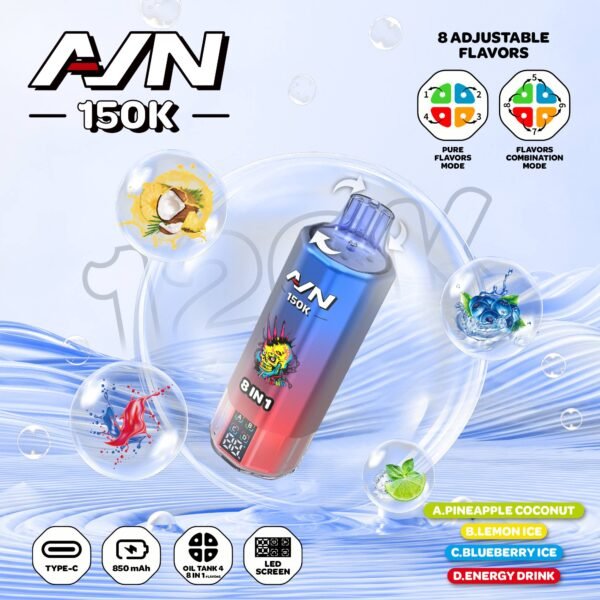 Aivono Aim AVN 150k Puffs 8-in-1 Disposable Vape with 150,000 puff capacity and multi-flavor switching technology