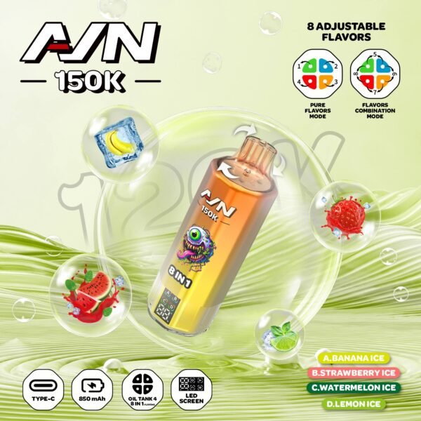Aivono Aim AVN 150k Puffs 8-in-1 Disposable Vape with 150,000 puff capacity and multi-flavor switching technology