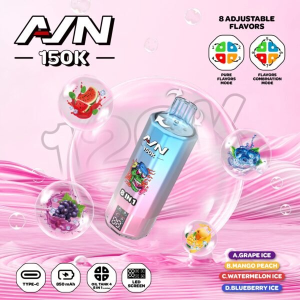 Aivono Aim AVN 150k Puffs 8-in-1 Disposable Vape with 150,000 puff capacity and multi-flavor switching technology