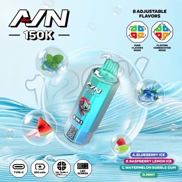 Aivono Aim AVN 150k Puffs 8-in-1 Disposable Vape with 150,000 puff capacity and multi-flavor switching technology