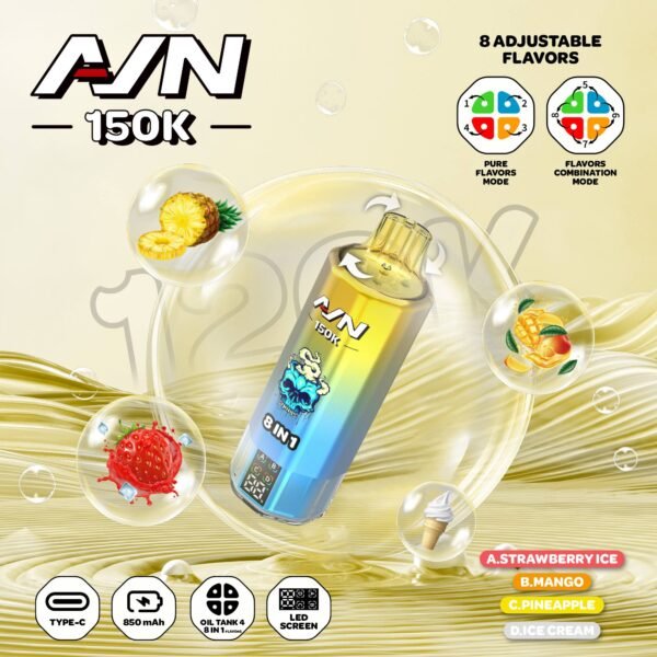 Aivono Aim AVN 150k Puffs 8-in-1 Disposable Vape with 150,000 puff capacity and multi-flavor switching technology