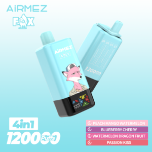 Airmez Fox 4-in-1 disposable vape with 120,000 puffs capacity, featuring a sleek design and digital battery/e-liquid display indicato