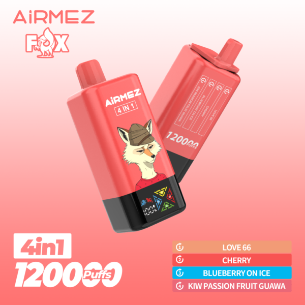 Airmez Fox 4-in-1 disposable vape with 120,000 puffs capacity, featuring a sleek design and digital battery/e-liquid display indicato