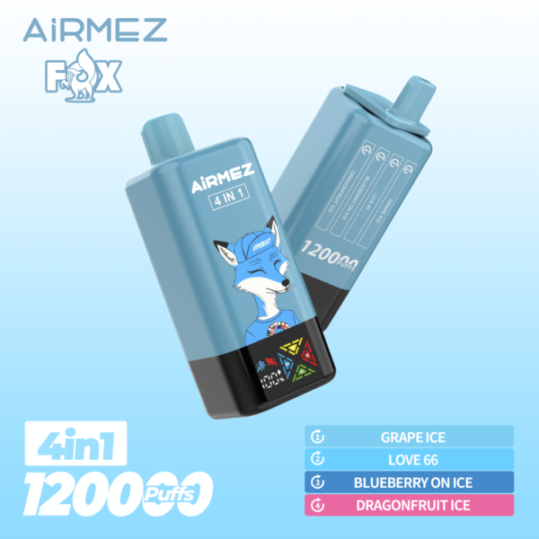 Airmez Fox 4-in-1 disposable vape with 120,000 puffs capacity, featuring a sleek design and digital battery/e-liquid display indicato