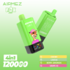 Airmez Fox 4-in-1 disposable vape with 120,000 puffs capacity, featuring a sleek design and digital battery/e-liquid display indicato