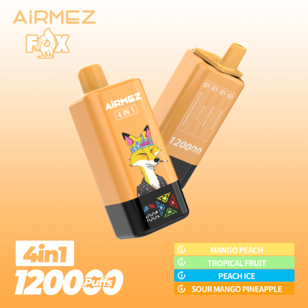 Airmez Fox 4-in-1 disposable vape with 120,000 puffs capacity, featuring a sleek design and digital battery/e-liquid display indicato