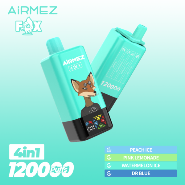 Airmez Fox 4-in-1 disposable vape with 120,000 puffs capacity, featuring a sleek design and digital battery/e-liquid display indicato