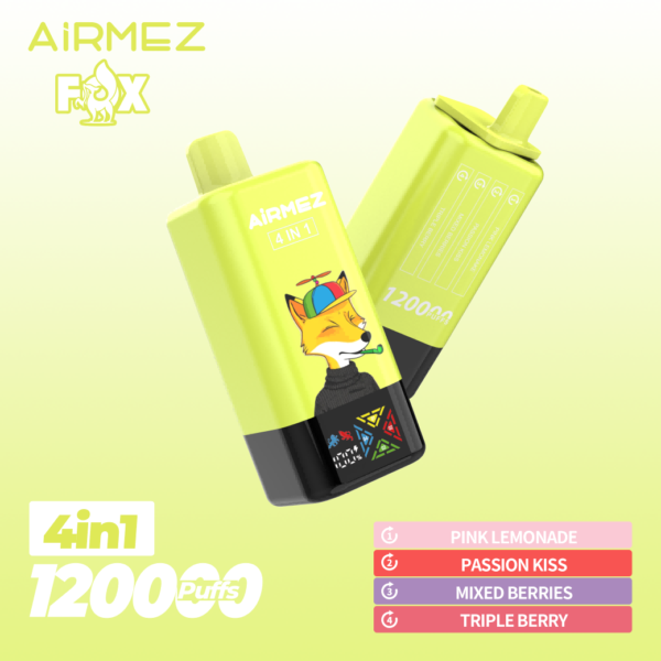 Airmez Fox 4-in-1 disposable vape with 120,000 puffs capacity, featuring a sleek design and digital battery/e-liquid display indicato