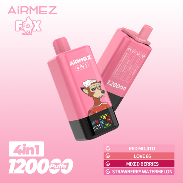 Airmez Fox 4-in-1 disposable vape with 120,000 puffs capacity, featuring a sleek design and digital battery/e-liquid display indicato