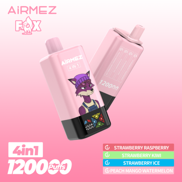 Airmez Fox 120k Puffs high-capacity vape device, allowing users to enjoy 4 different flavors in one sleek rechargeable system