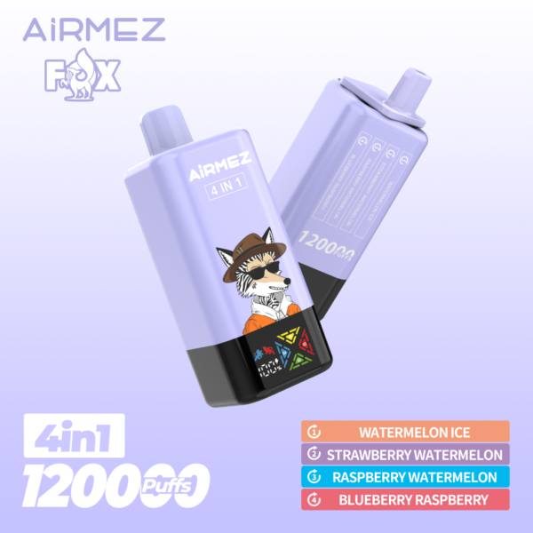 Airmez Fox 120k Puffs high-capacity vape device, allowing users to enjoy 4 different flavors in one sleek rechargeable system