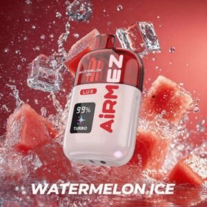 airmez-lux-60000-puffs-main-WATERMELON ICE Airmez Lux disposable vape with 60,000 puffs and transparent oil tank for visible e-liquid levels, featuring a sleek premium design.