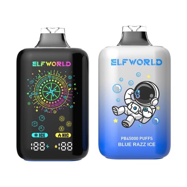ELFWORLD PB45000 disposable vape with 45,000 puffs capacity, featuring a high-performance mesh coil and smart power display