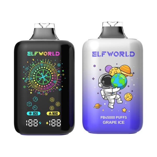 ELFWORLD PB45000 disposable vape with 45,000 puffs capacity, featuring a high-performance mesh coil and smart power display